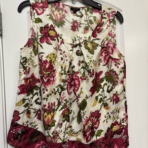 Talbots Silk  White Cream Red Burgundy Floral Pleated Shell Sleeveless Top Sz 8
